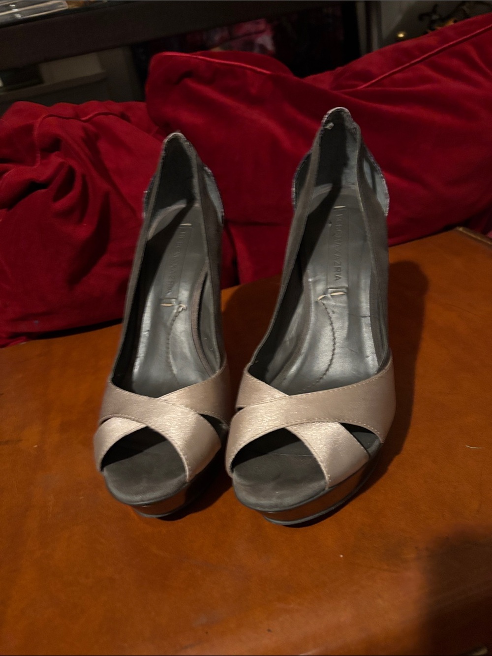BCBGMaxAzria Metallic Taupe Peep-Toe Platform Heels
